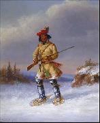 Cornelius Krieghoff, Indian Trapper with Red Feathered Cap in Winter